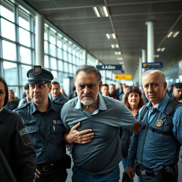 A middle-aged man being arrested at a busy airport in France