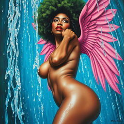 A polished, oil-based painting capturing a full worm-eye view of a dripping wet nude gorgeous black woman with pink wings and a bright green tree afro