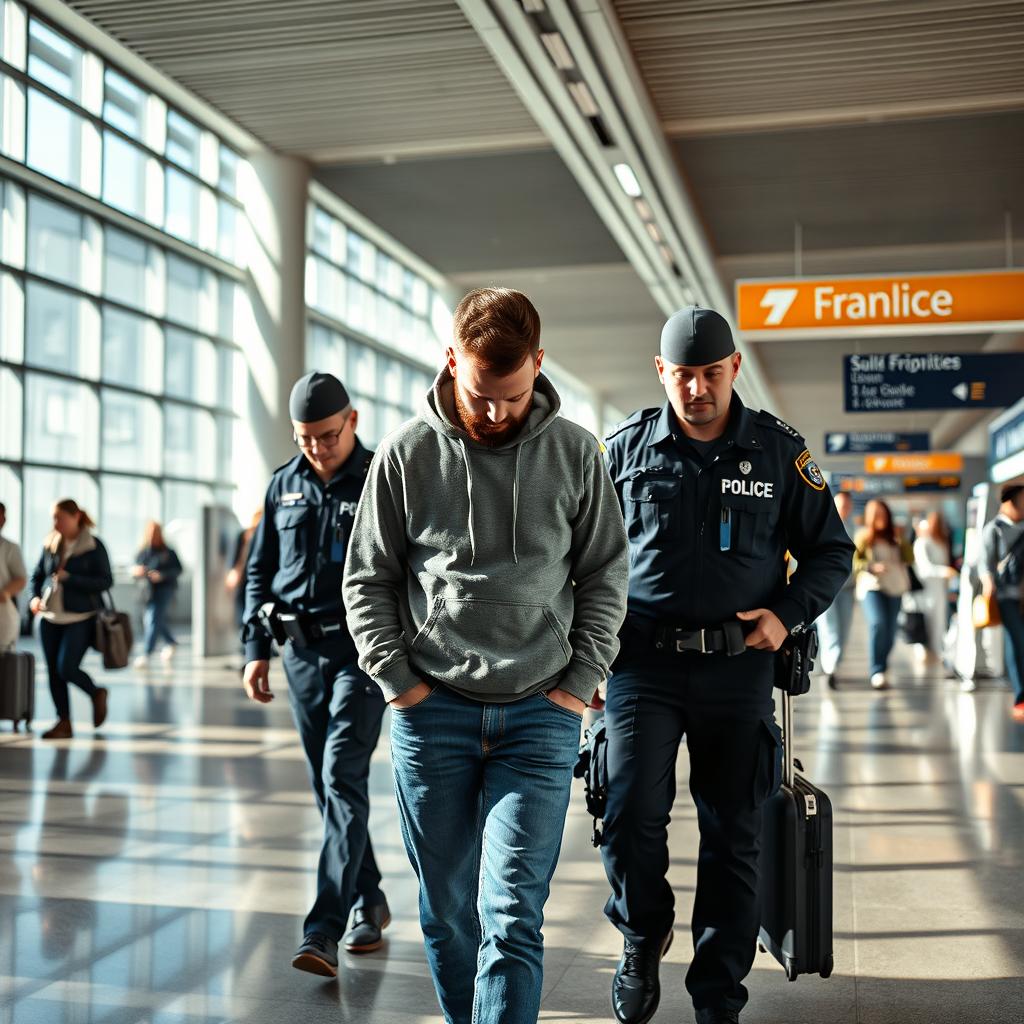 A 30-year-old man looking down at the floor while being arrested at a bustling airport in France