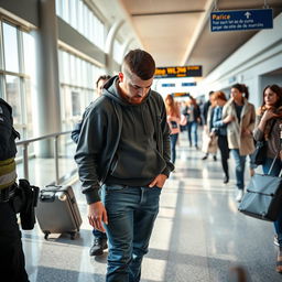 A 30-year-old man looking down at the floor while being arrested at a bustling airport in France