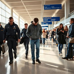 A 30-year-old man looking down at the floor while being arrested at a bustling airport in France