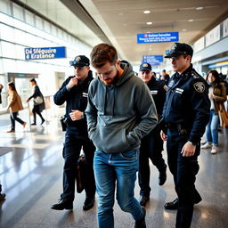 A 30-year-old man looking down at the floor while being arrested at a bustling airport in France