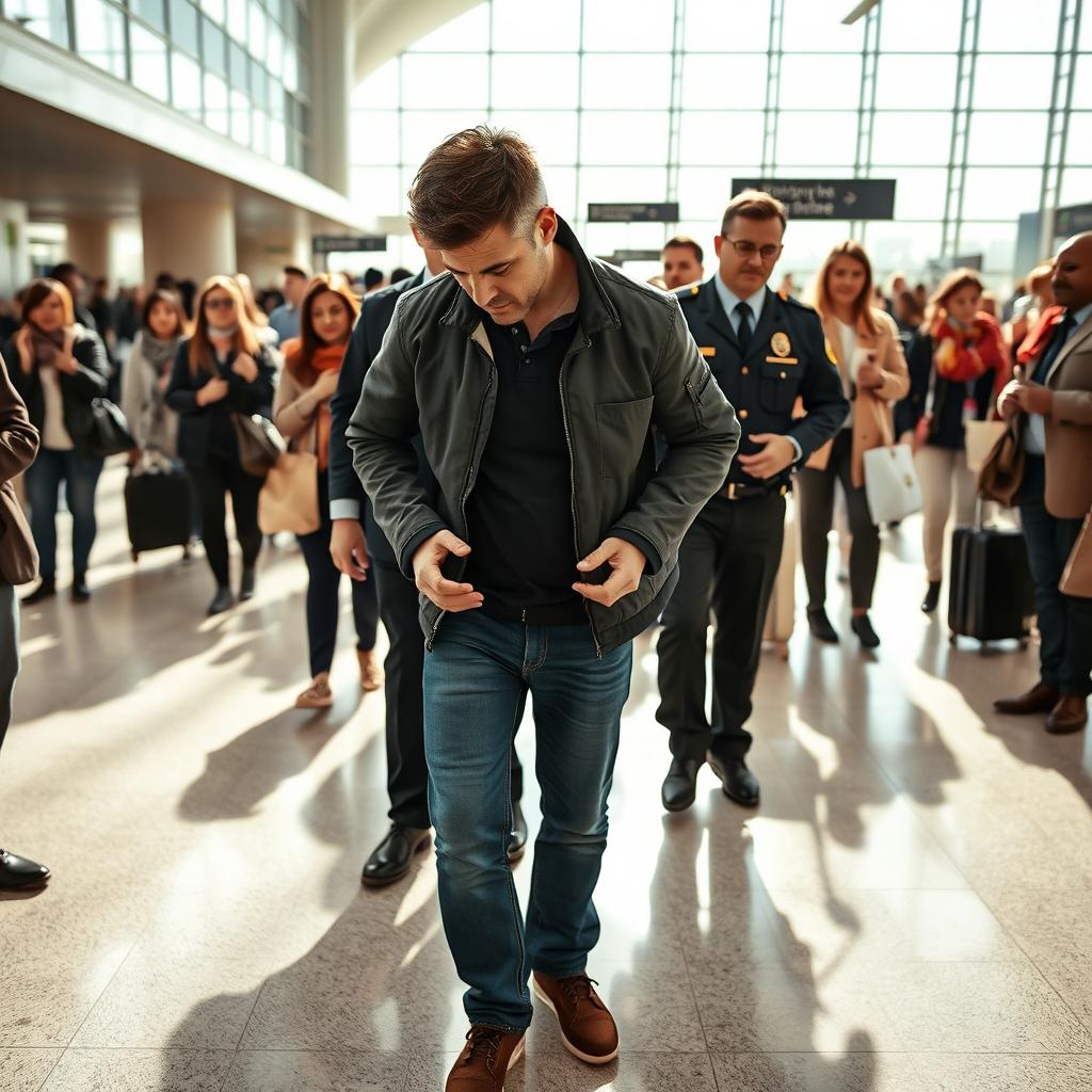 A 39-year-old man looking at the ground, his hands in handcuffs, being arrested at a busy airport in France