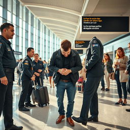 A 39-year-old man looking at the ground, his hands in handcuffs, being arrested at a busy airport in France