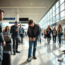 A 39-year-old man looking at the ground, his hands in handcuffs, being arrested at a busy airport in France