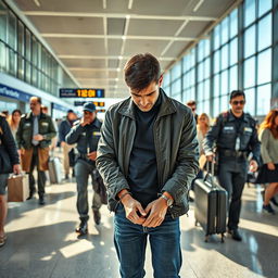 A 39-year-old man looking down at the ground, hands in handcuffs, being arrested at a bustling airport in France