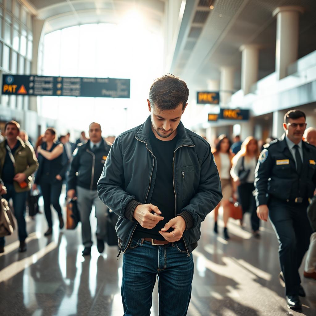 A 39-year-old man looking down at the ground, hands in handcuffs, being arrested at a bustling airport in France