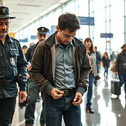 A 39-year-old man looking down at the ground, hands in handcuffs, being arrested at a bustling airport in France