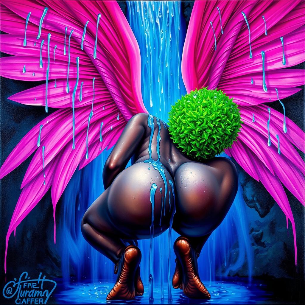 A polished, oil-based painting depicting a full worm-eye view of a dripping wet, nude gorgeous black woman with pink wings, a bright green tree afro, beautiful breasts, and a big booty in a sensual stooping pose