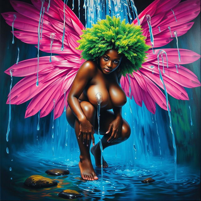 A polished, oil-based painting depicting a full worm-eye view of a dripping wet, nude gorgeous black woman with pink wings, a bright green tree afro, beautiful breasts, and a big booty in a sensual stooping pose