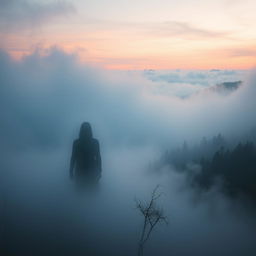 A mysterious and enigmatic concept of disappearing into a scenic landscape, where thick mist envelops the surroundings, blending seamlessly into nature