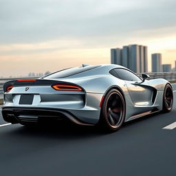 A sleek and futuristic car design that is a seamless blend of a Dodge Viper and a Lamborghini Sesto Elemento, featuring a distinctive side exhaust