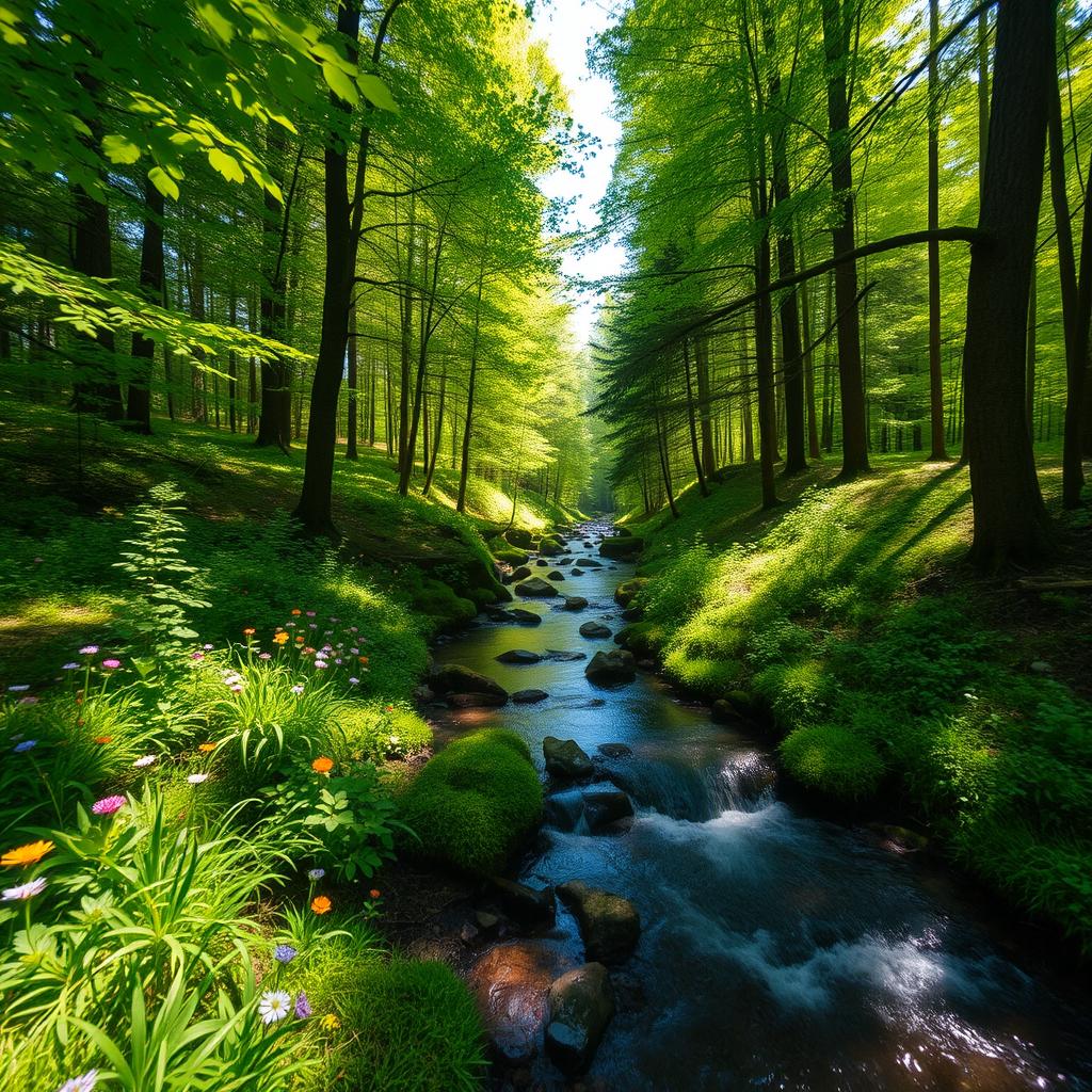 A serene forest landscape with a gentle stream flowing through it, surrounded by lush green trees and colorful wildflowers