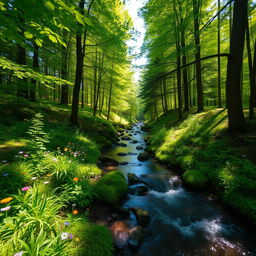 A serene forest landscape with a gentle stream flowing through it, surrounded by lush green trees and colorful wildflowers