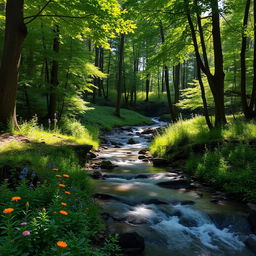 A serene forest landscape with a gentle stream flowing through it, surrounded by lush green trees and colorful wildflowers