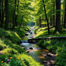 A serene forest landscape with a gentle stream flowing through it, surrounded by lush green trees and colorful wildflowers