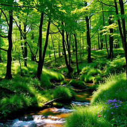 A serene forest landscape with a gentle stream flowing through it, surrounded by lush green trees and colorful wildflowers