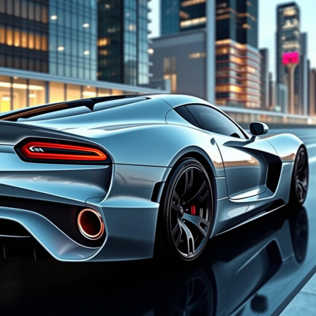 A sleek and futuristic car design that is a seamless blend of a Dodge Viper and a Lamborghini Sesto Elemento, featuring a distinctive side exhaust pipe on the side skirt