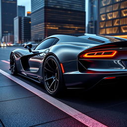 A sleek and futuristic car design that is a seamless blend of a Dodge Viper and a Lamborghini Sesto Elemento, featuring a distinctive side exhaust pipe on the side skirt