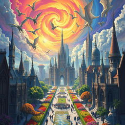 An elaborate fantasy city beneath a brilliant, swirling, colorful sky filled with mythical flying creatures, vibrant gardens lining the grand avenues, and citizens dressed in a combination of medieval and futuristic attire