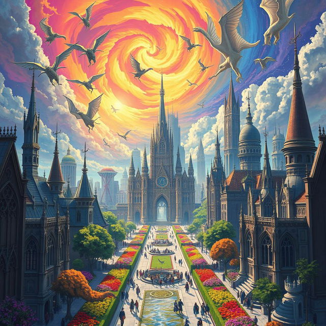 An elaborate fantasy city beneath a brilliant, swirling, colorful sky filled with mythical flying creatures, vibrant gardens lining the grand avenues, and citizens dressed in a combination of medieval and futuristic attire