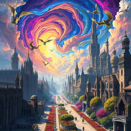 An elaborate fantasy city beneath a brilliant, swirling, colorful sky filled with mythical flying creatures, vibrant gardens lining the grand avenues, and citizens dressed in a combination of medieval and futuristic attire