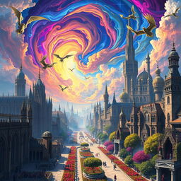 An elaborate fantasy city beneath a brilliant, swirling, colorful sky filled with mythical flying creatures, vibrant gardens lining the grand avenues, and citizens dressed in a combination of medieval and futuristic attire