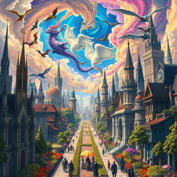 An elaborate fantasy city beneath a brilliant, swirling, colorful sky filled with mythical flying creatures, vibrant gardens lining the grand avenues, and citizens dressed in a combination of medieval and futuristic attire