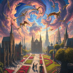 An elaborate fantasy city beneath a brilliant, swirling, colorful sky filled with mythical flying creatures, vibrant gardens lining the grand avenues, and citizens dressed in a combination of medieval and futuristic attire