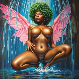 A polished, oil-based painting depicting a full worm-eye view of a nude, dripping wet, gorgeous black woman with pink wings and a bright green tree afro