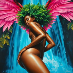 A polished, oil-based painting depicting a full worm-eye view of a nude, dripping wet, gorgeous black woman with pink wings and a bright green tree afro