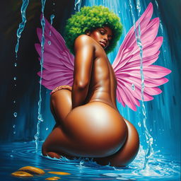 A polished, oil-based painting depicting a full worm-eye view of a nude, dripping wet, gorgeous black woman with pink wings and a bright green tree afro