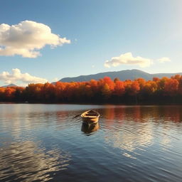 A serene lakeside scene during autumn, featuring vibrant orange and red foliage