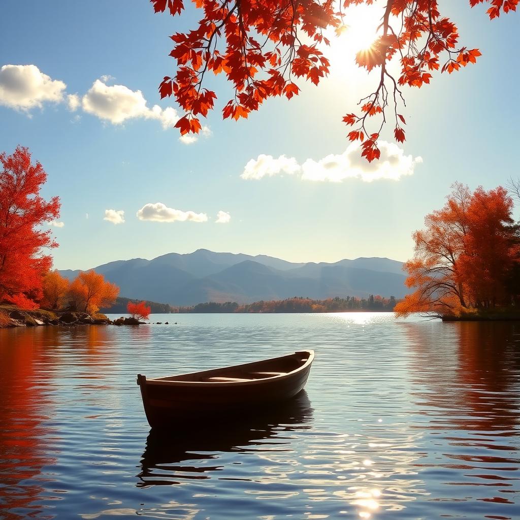 A serene lakeside scene during autumn, featuring vibrant orange and red foliage