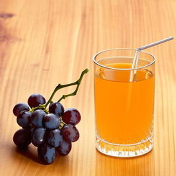 A clear glass filled with grape juice placed beside a beautiful design made from freshly-plucked grapes, both resting on a rustic wooden table.