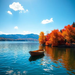 A serene lakeside scene during autumn, featuring vibrant orange and red foliage