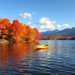 A serene lakeside scene during autumn, featuring vibrant orange and red foliage