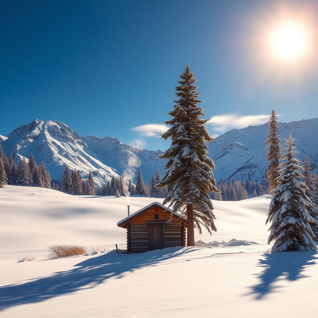 A majestic winter landscape with snow-covered mountains under a clear blue sky