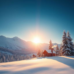 A majestic winter landscape with snow-covered mountains under a clear blue sky