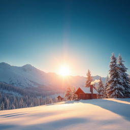 A majestic winter landscape with snow-covered mountains under a clear blue sky