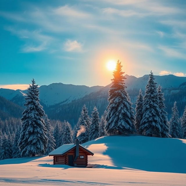 A majestic winter landscape with snow-covered mountains under a clear blue sky