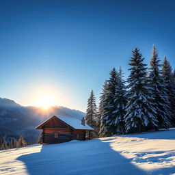 A majestic winter landscape with snow-covered mountains under a clear blue sky