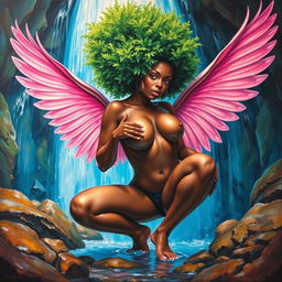 A polished, oil-based painting featuring a full worm-eye view of a dripping wet, nude gorgeous black woman with pink wings, a bright green tree afro, beautiful breasts, and a big booty