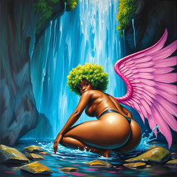 A polished, oil-based painting featuring a full worm-eye view of a dripping wet, nude gorgeous black woman with pink wings, a bright green tree afro, beautiful breasts, and a big booty