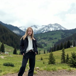 A girl standing in a mountainous landscape with ski lifts in the background, wearing a chic outfit suitable for the outdoors