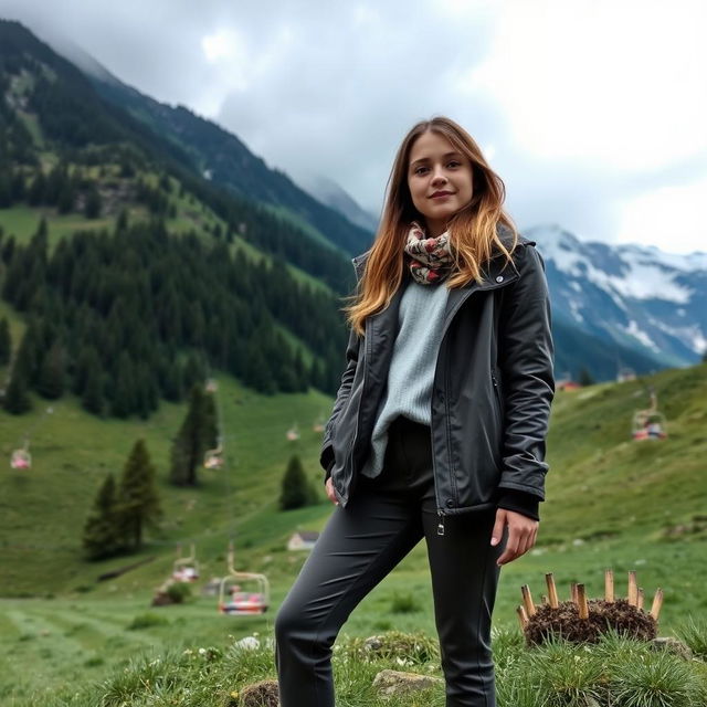 A girl standing in a mountainous landscape with ski lifts in the background, wearing a chic outfit suitable for the outdoors