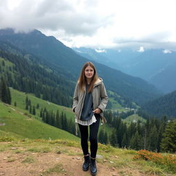 A girl standing in a mountainous landscape with ski lifts in the background, wearing a chic outfit suitable for the outdoors