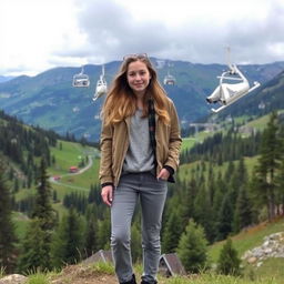 A girl standing in a mountainous landscape with ski lifts in the background, wearing a chic outfit suitable for the outdoors