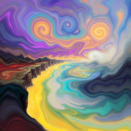 An abstract, surreal landscape featuring swirling patterns and vibrant colors, where the boundaries between sky and land are blurred, creating a dreamlike atmosphere