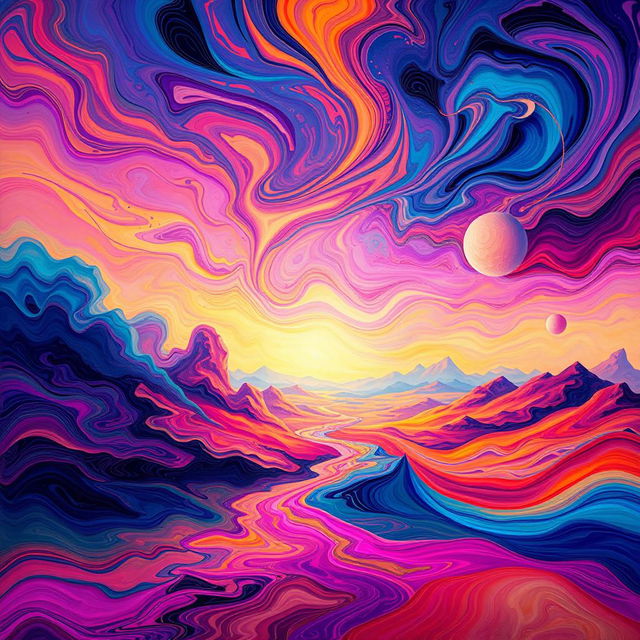 An abstract, surreal landscape featuring swirling patterns and vibrant colors, where the boundaries between sky and land are blurred, creating a dreamlike atmosphere